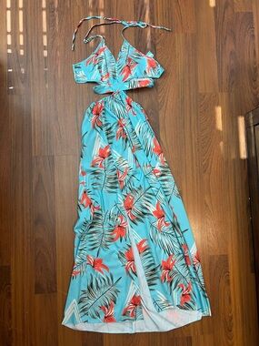 SHEIN Aqua Maxi Dress with Coral Floral Print and Cutout